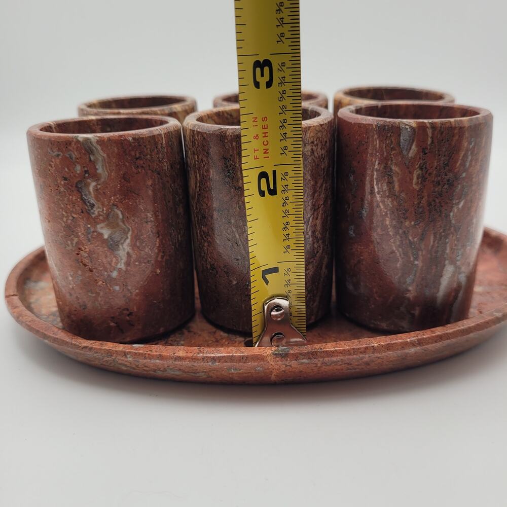 Hand Carved Red Marble Shot Glass Set w/ Tray Mexico Artisan Barware Gift - Picture 11 of 12